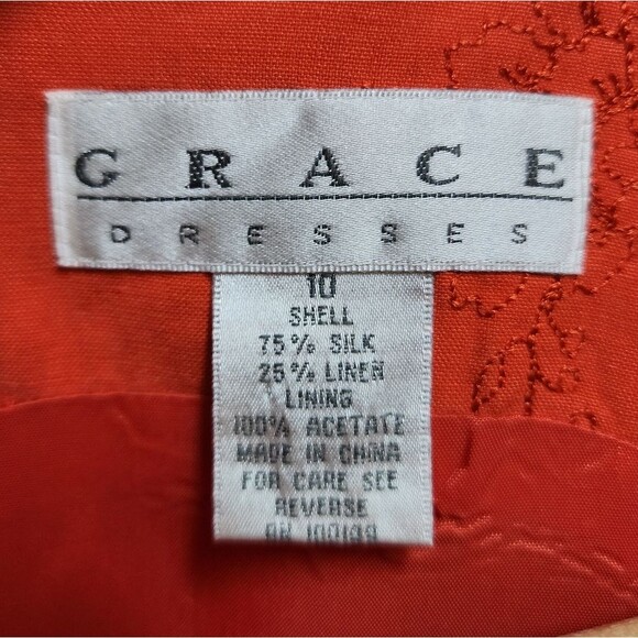 Grace Dresses Womens 10 Orange Silk Linen Floral Embroidered Sleeveless Sheath - Picture 11 of 12